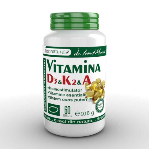 Flacon cu 60 capsule moi gelatinoase vitamina D3 K2 A Pro Natura